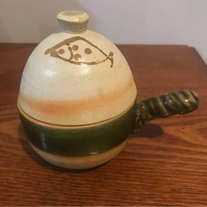 Vtg Pottery Chawanmushi Egg Rice Bowl Tea Cup Lid Handle Green/Natural